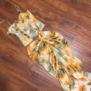 Fairycore Mermaidcore Y2K orange tie dye corset and midi skirt set